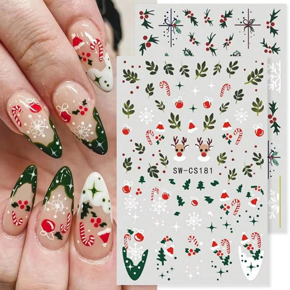 2/4 pezzi adesivi per unghie natalizi autoadesivi foglie verdi agrifoglio fiocco di neve decalcomanie per unghie cursori decorazione manicure capodanno fai da te