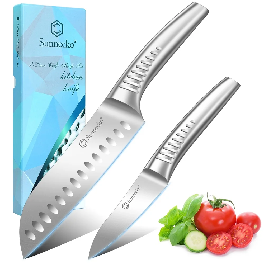 

Sunnecko 2PCS Stainless Steel Kitchen Chef Knives Set 6.5'' Cooking Santoku 3.5'' Paring Carving Petty Fruit Knife Gift Box