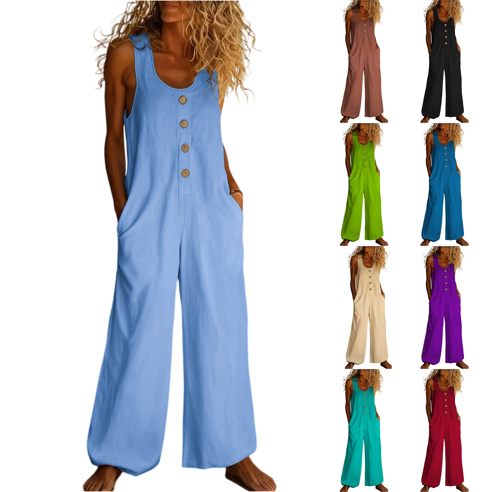 민소매 루즈핏 포켓 오버올 여성용 롱 솔리드 컬러 점프수트 아웃도어 캐주얼 점프수트 여성용 오버올