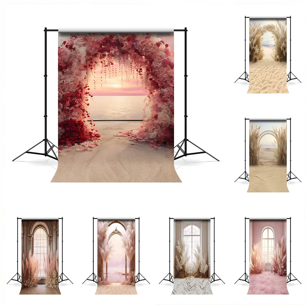 

Mehofond Photography Backdrop Boho Pampas Grass Pink Flower Adult Pregnant Seaside Sand Window Arch Door Background Photo Studio