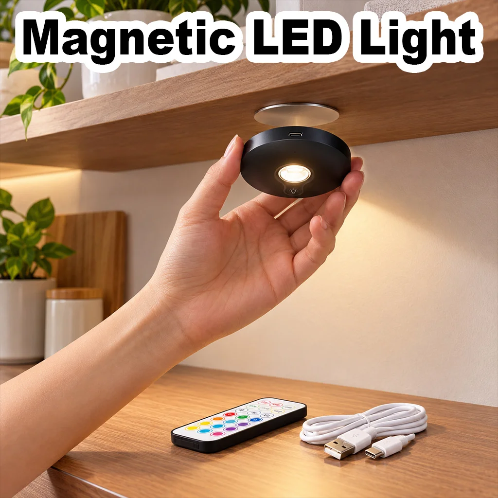 USB Rechargeable LED Puck Light 13 Color RGB Remote Control Timer Memory Function Stepless Dimming Kitchen Cupboard Shelf Closet