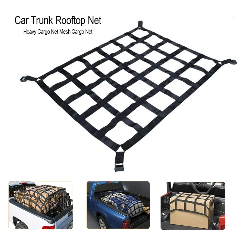 Filet de chargement robuste en maille pour coffre de voiture et toit, avec 4 sangles de fixation, pour camion, remorque, benne, bagages et couvertures extensibles