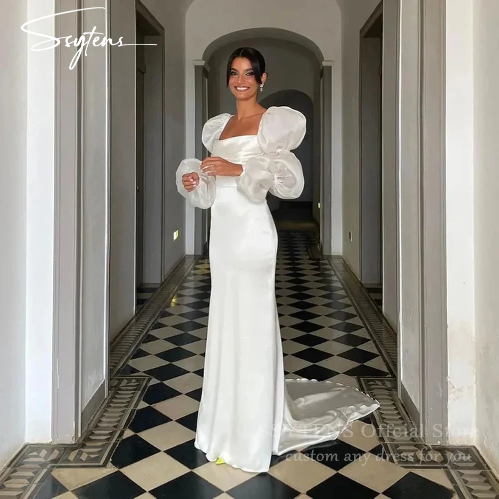 

SSYTENS Sexy Mermaid White Wedding Dresses Satin Backless Puff Long Sleeve Bridal Gown Square Collar Bride Dresses Customized