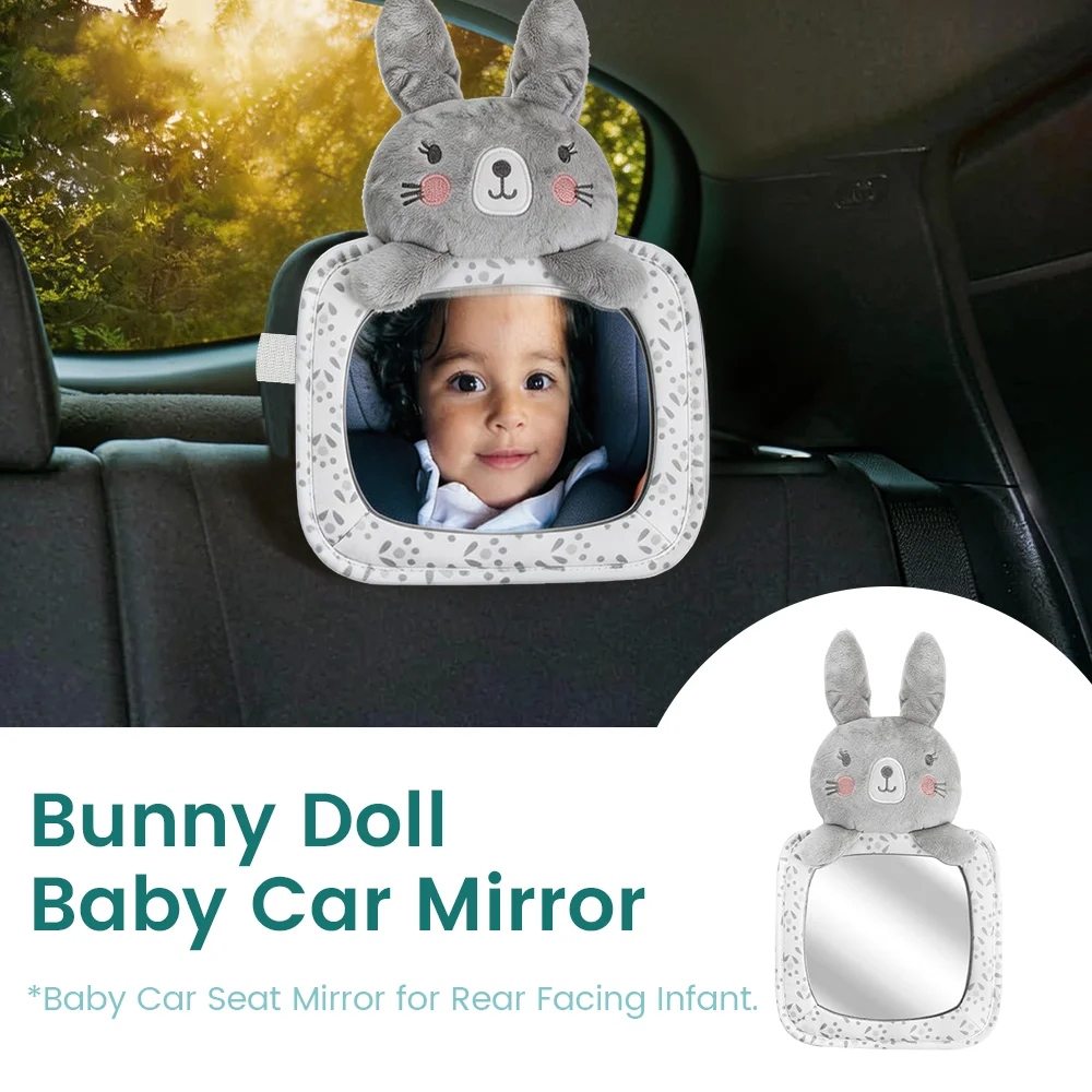 Cute Bunny Baby Car Mirror, Car Seat Rear View Mirror for Infant, UV Resistant & Adjustable Safety Strap