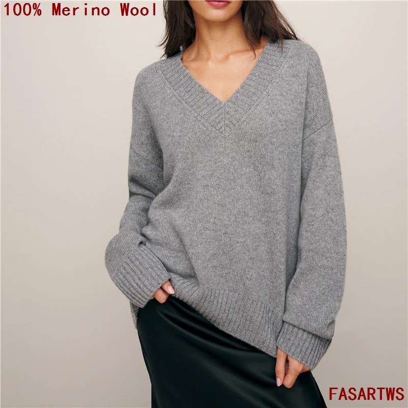 100% سترة صوف خالصة الخريف/الشتاء جديد عادية بلون محبوك القمم كبيرة الخامس الرقبة المرأة حجم كبير فضفاض البلوز قاعدة سترة