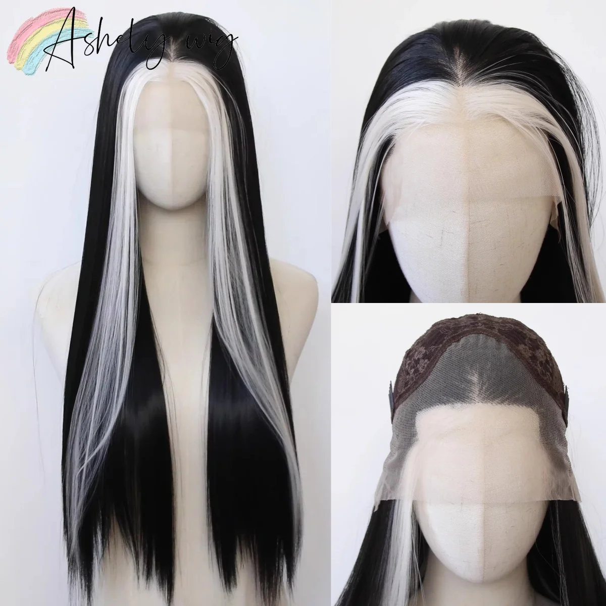 Ashely White Highlight Black Synthetic Lace Front Wigs 26inch 13*4 Long Straight Lace Front Synthetic Wig Natural Hairline