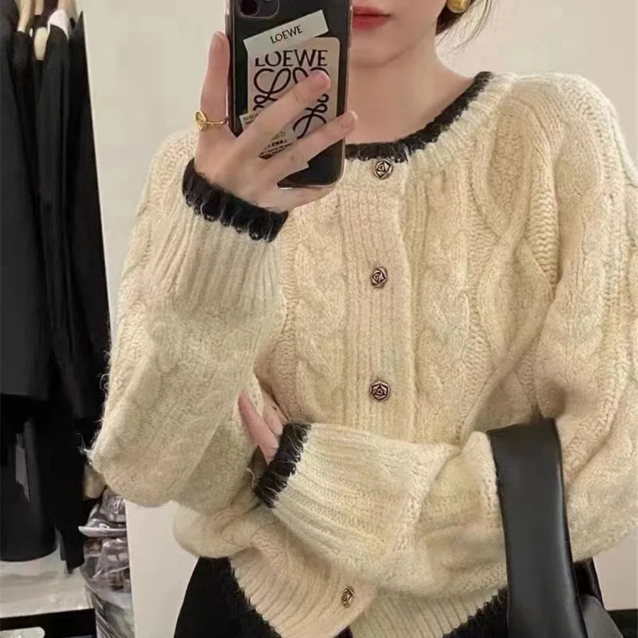 Cardigan women sweater 2026 new fashion knitted round neck twisted pattern autumn loose short knitted top sweater clothing