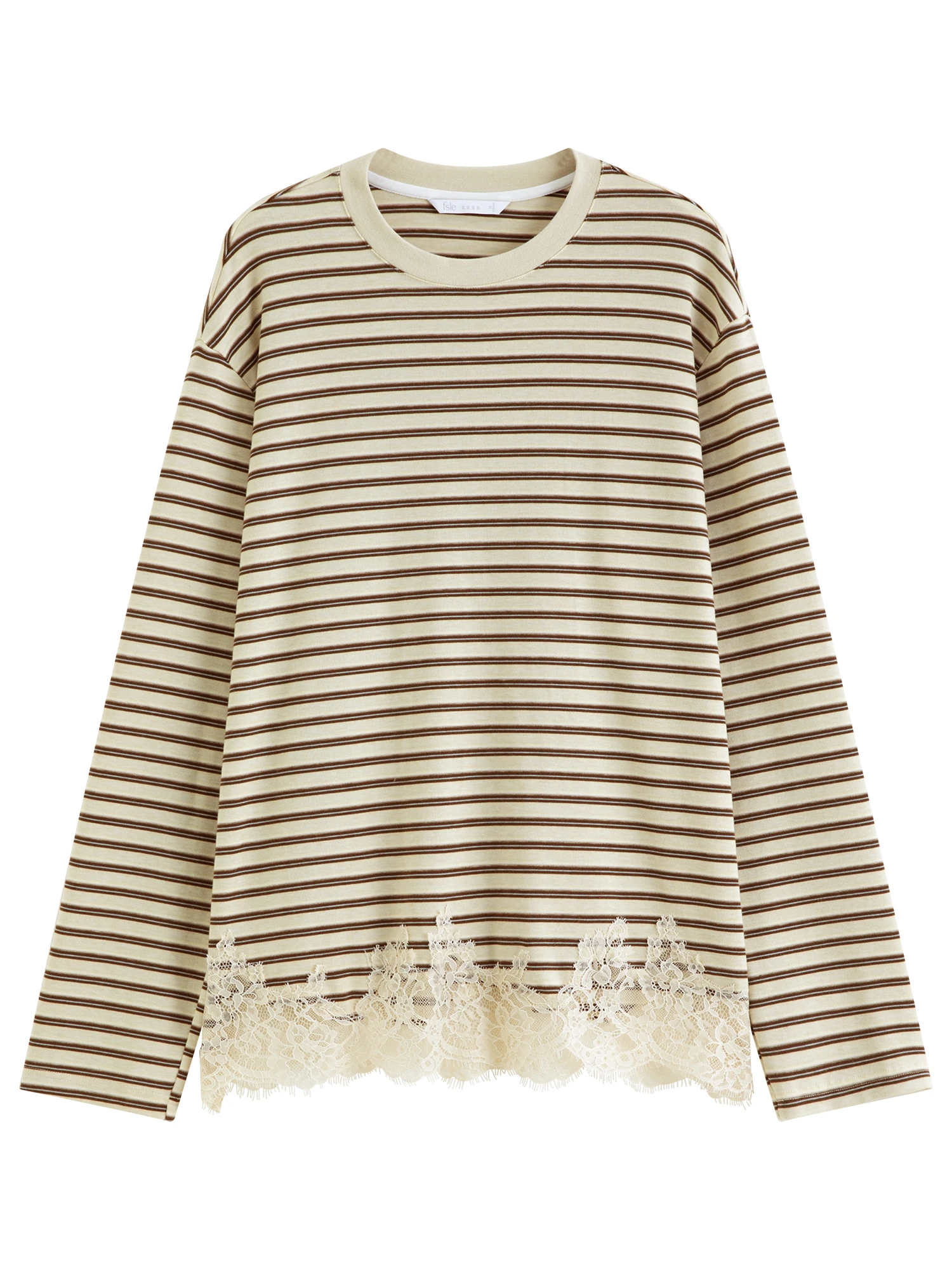 FSLE Gelb Gestreiftes Rundhals-T-Shirt mit Fallschulter und Spitze, Langarm, für Damen, Winter 2026, Neues Retro-Loose-Top – Detail 8