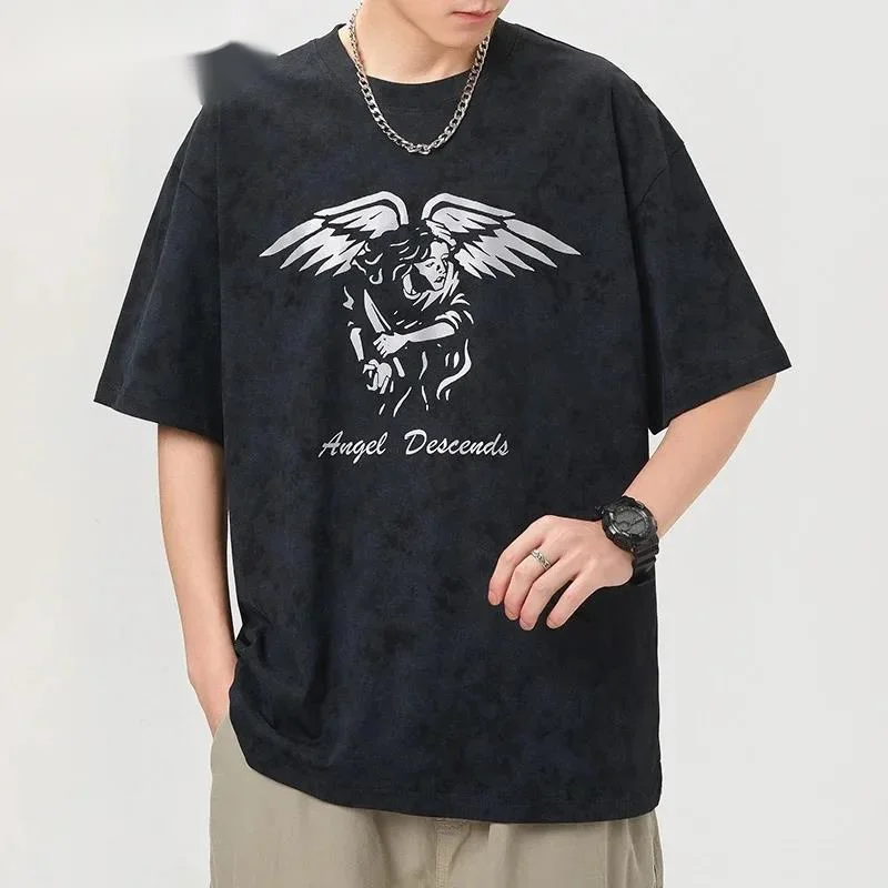 Washed Mens Oversized Short Sleeeve Men's Tee With Angel Wing Print Streetwear Crew Neck Casual Loose Trendy T-shirt DH5P