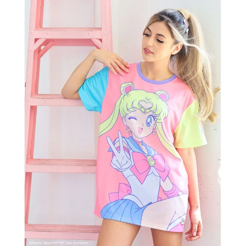 

Sailor Moon Usagi Tsukino Anime Oversized T-shirt Women's Full Print Color Block Casual Streetwear Top