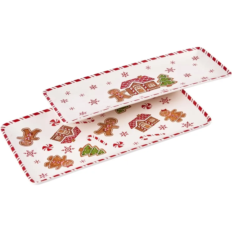 Traditional Gingerbread Man Ceramic 14 Inch Rectangular Serving Platter Set of 2 for Serving Salad Pasta Cheese Ham Appetizer M
