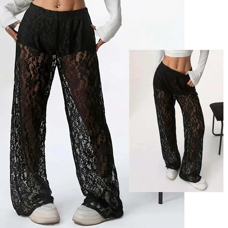 Black Lace Pants for Spring and Autumn Fashionable Personalized Trendy Slightly Transparent Straight Leg Pants