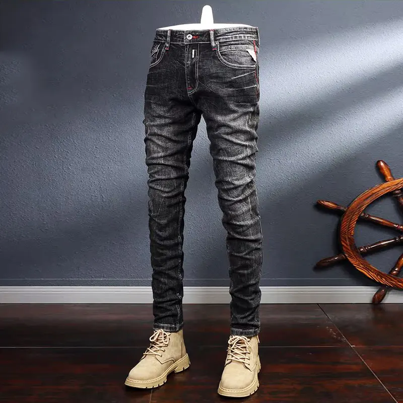 

Fashion Designer Men Jeans Retro Black Gray Stretch Slim Fit Ripped Jeans Men Italian Style Vintage Casual Denim Pants Hombre