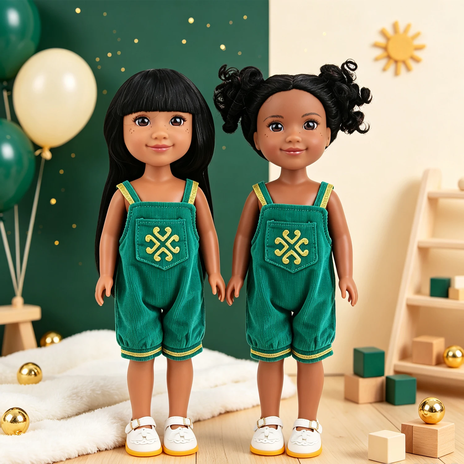 Vintage Style Doll Outfit Green Corduroy Bib Overall + Golden Embroidery + Bow Decor Buckle Shoes For 14 Inch American Dolls Toy