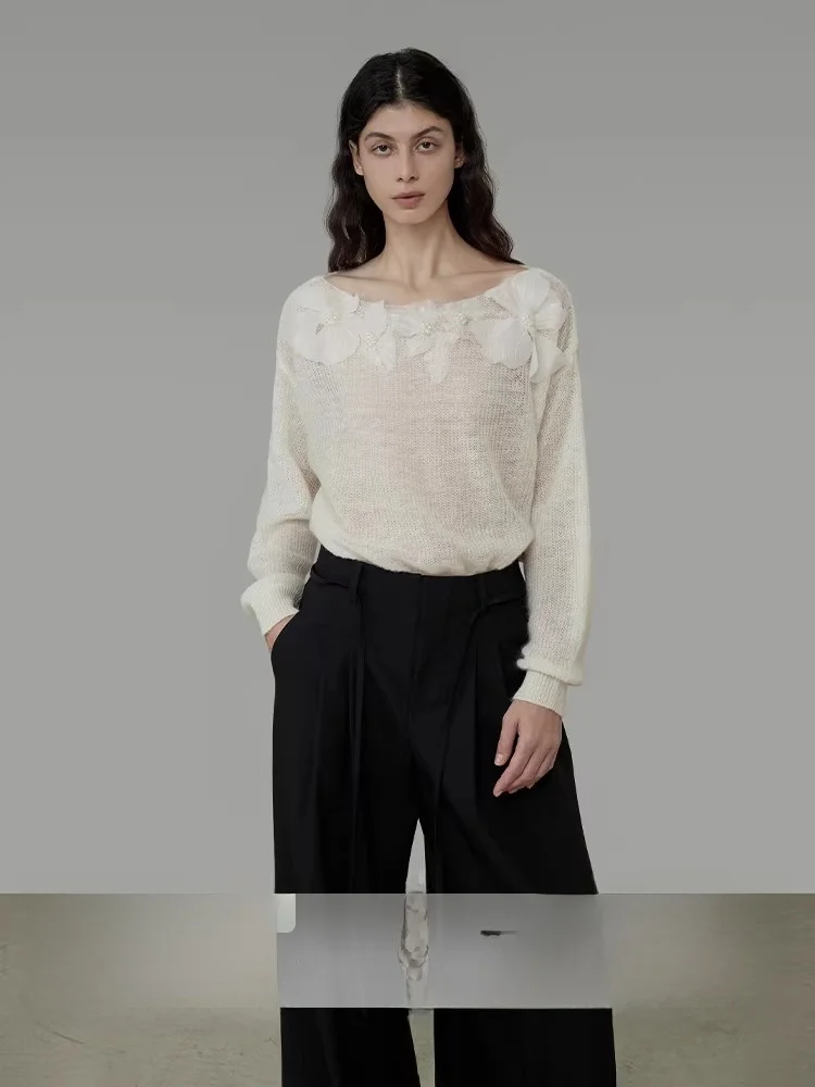 

UNSPoken 3D Floral Decorated Loose Long Sve Knitted Top Women's Spring Faion Casual Sle Polyester Fiber round Ne