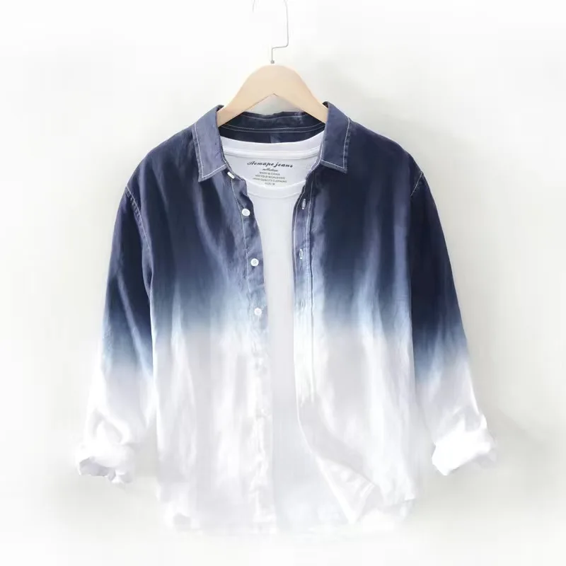 Men Summer Shirt Long Sleeve Hawaiian Blouse Hawaiian Cool Thin Breathable Lapel Collar Hanging Dyed Gradient Cotton Shirt 2022