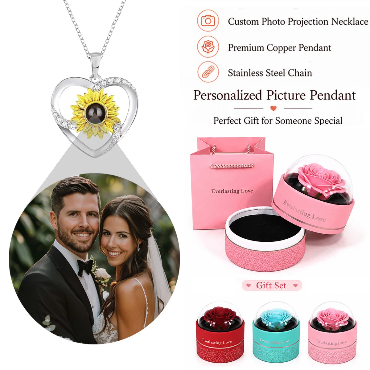 Custom Photo Projection Heart Sunflower Necklace Rose Gift Box Set Stainless Steel Chain Valentine's Mother's Day For Women Wife