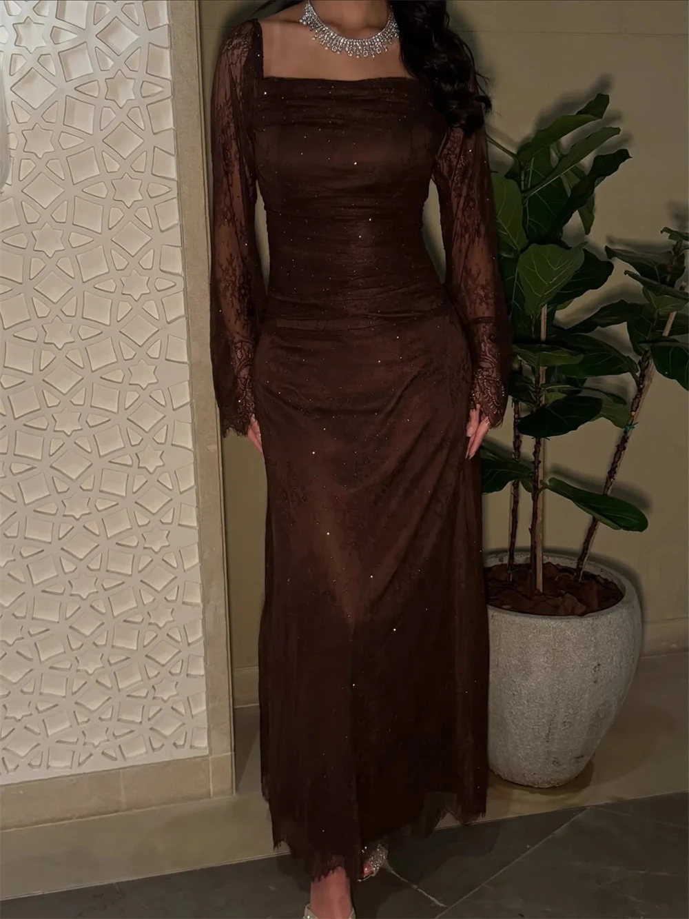 

Customized Simple russet Organza Evening Dress Classic Square Collar Long Sleeves Formal Straight Ankle Length Special Occasion