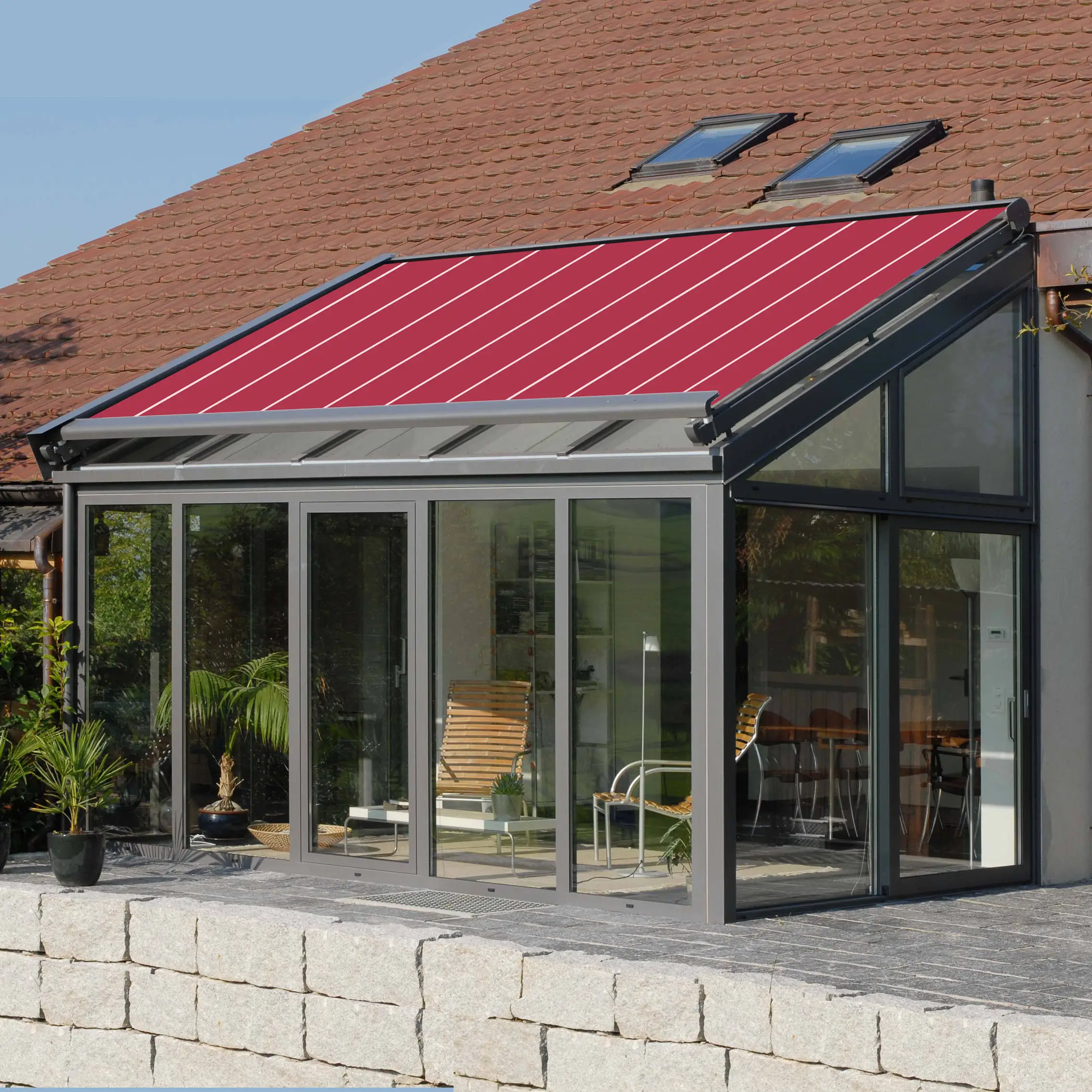 OneAlu BetterLiving Electric Awning: Warm-Tone Retractable Sunshade for Luxury Glass Sunroom Interiors