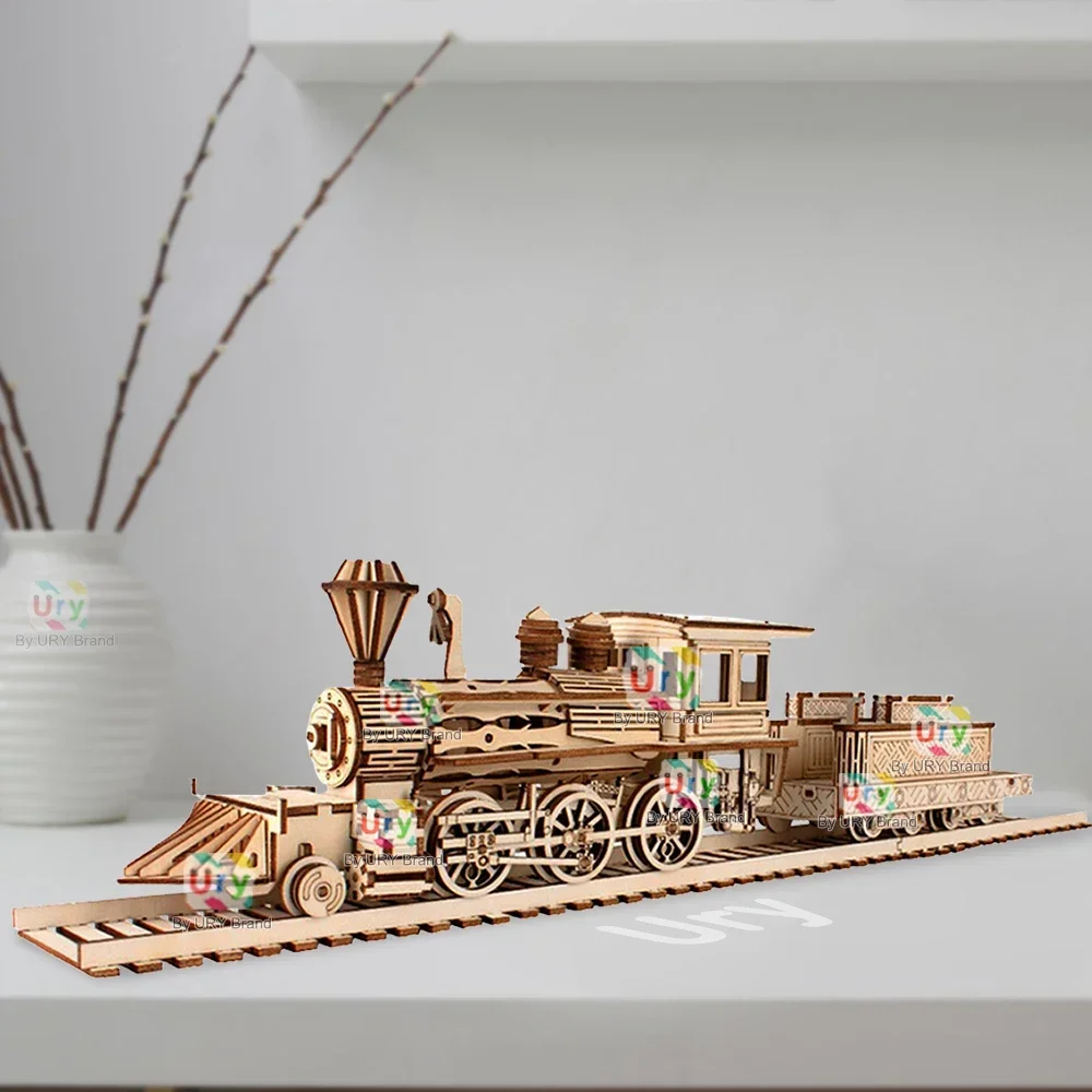 Ury-Puzzle 3D en Bois Rétro Train à Vapeur avec Piste, Pont de Chemin de Fer, Assemblage Fait à la Main, Modèle de Camion, Jouets de Décoration, Cadeau pour Enfant