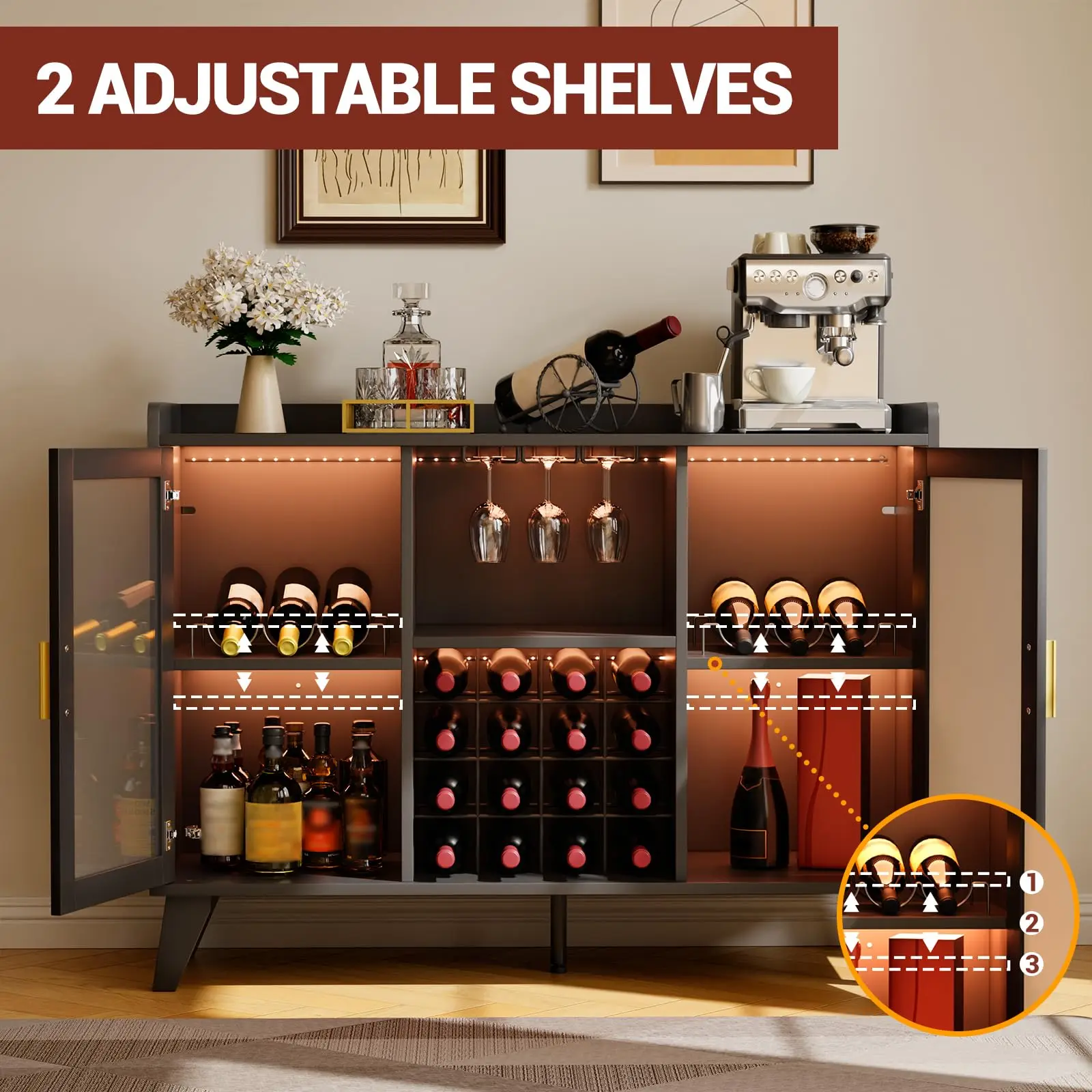 Шкаф для винного бара в фермерском доме со светодиодной подсветкой, домашний шкаф для кафе-бара со винными стеллажами и подстаканниками, бар, гостиная, черный