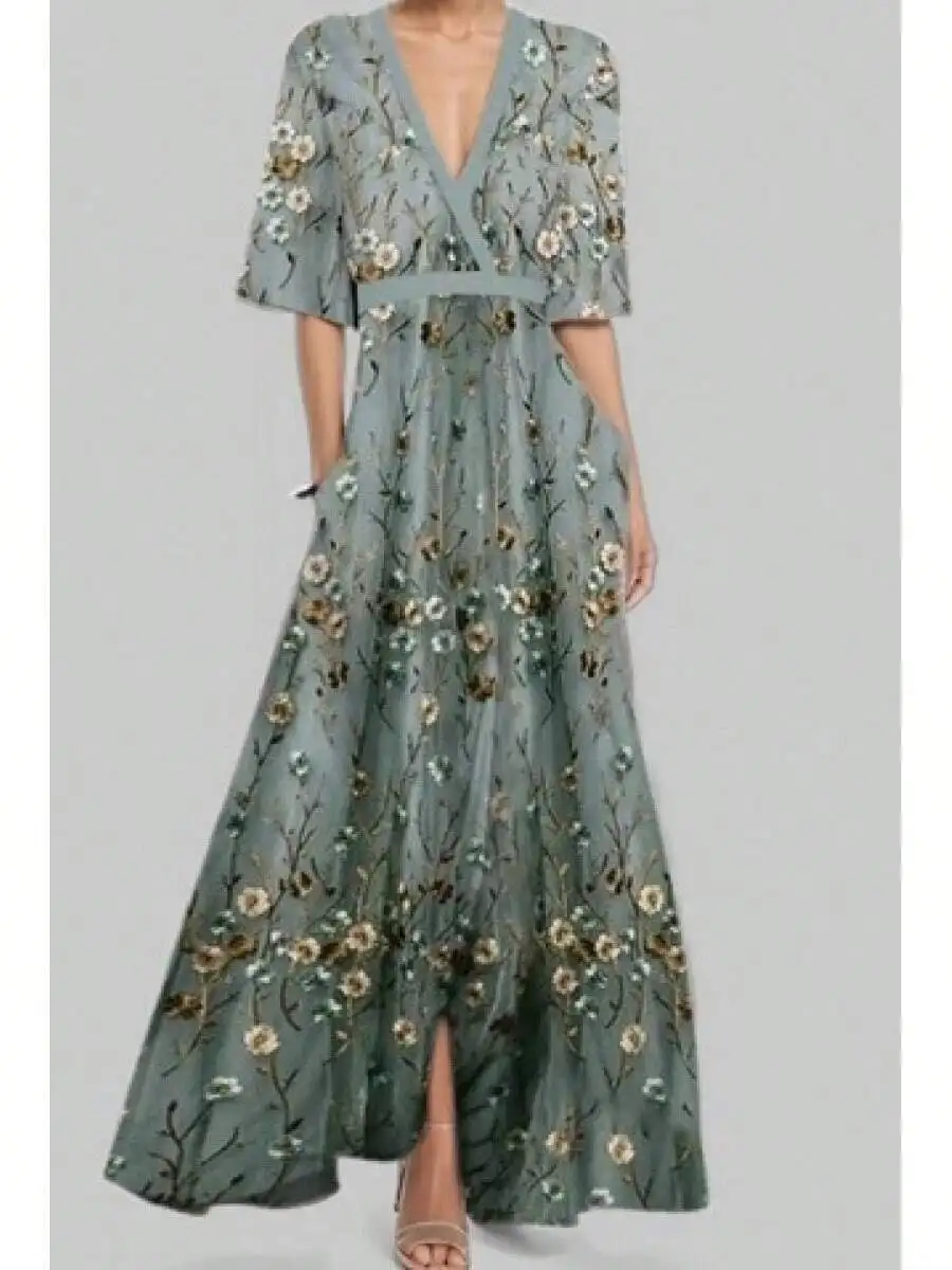 

Elegant V-Neck Floral Embroidered Tie-Waist Floor-Length Dress