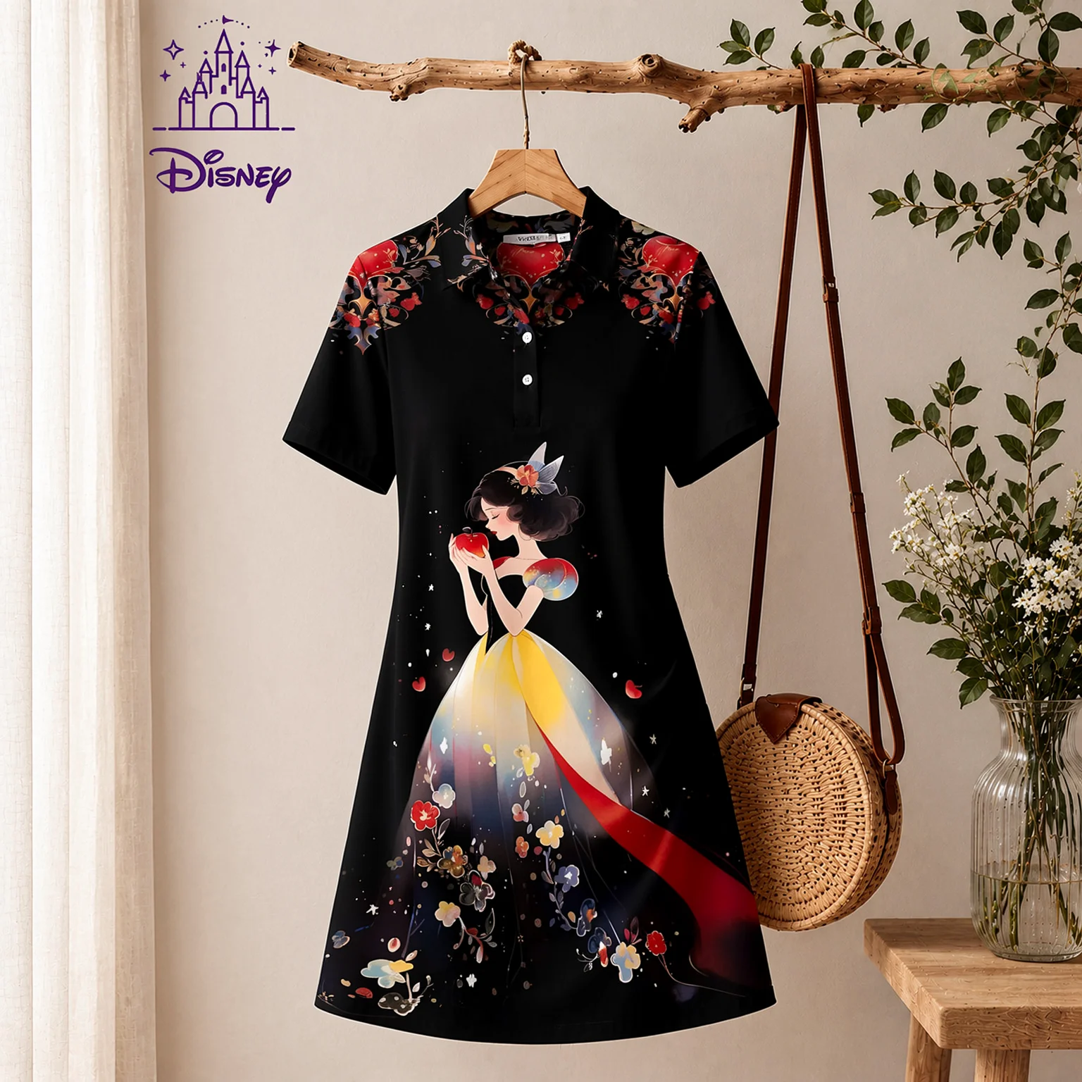 Nuevo vestido corto con cuello tipo polo y estampado de princesas de Disney para mujer, vestidos de verano de corte A para mujer, ropa informal de playa, ropa de calle