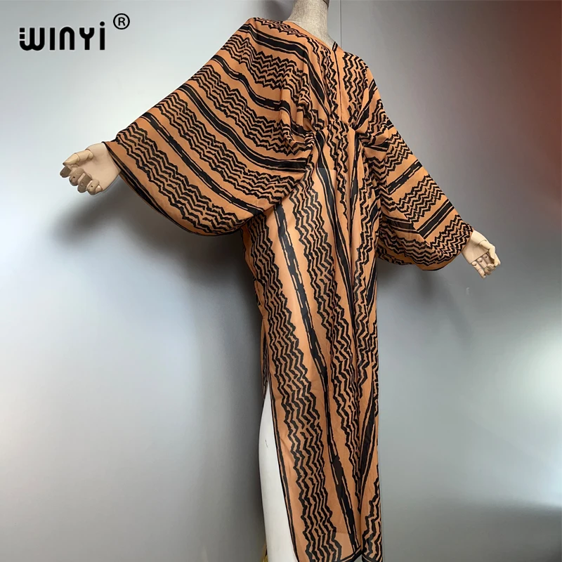 WINYI neues V-Ausschnitt Perspektive sexy Kleid Arabisch traditioneller Druck Frauen Urlaub Strand vertuschen Party Kaftan Abaya Dubai Luxus
