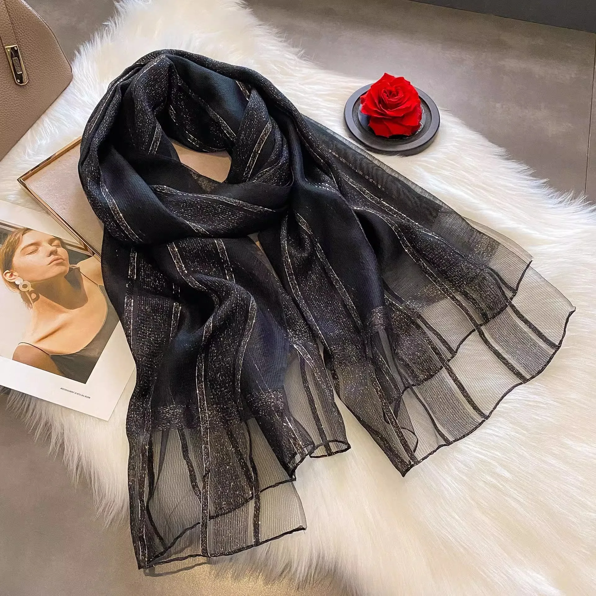 New Checkered Scarf Women\'s Autumn/Winter Edition Versatile Mulberry Silk Shawl, Silk Wool Scarf, stripe Scarf ng Dual Use Scarf