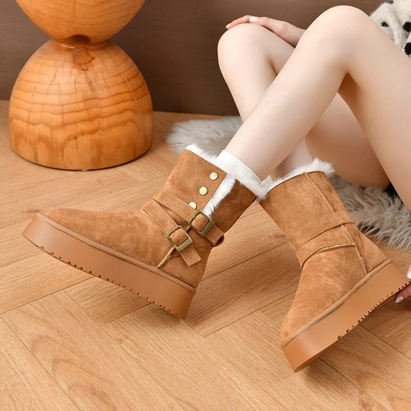 المرأة الدافئة منتصف العجل الأحذية نمط جديد عكسها الشتاء المخملية اليومية سميكة سوليد زيادة كم الأحذية بسيطة الثلوج الأحذية #3