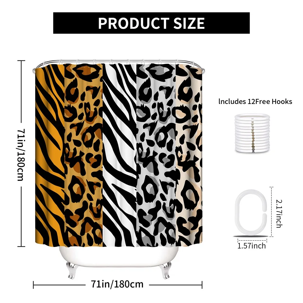 1PC, color contrast leopard print zebra print, modern home bathroom waterproof shower curtain, with 12 plastic hooks, 71in*71in