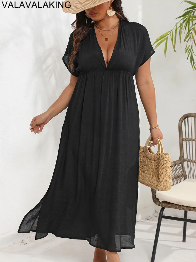 2025 Women Solid Plus Size Cove Up Short Sleeve Large Loose Big Tunic Lady Chubby Beach Dress Brazilian Mesh Swimsuit Cover-Up