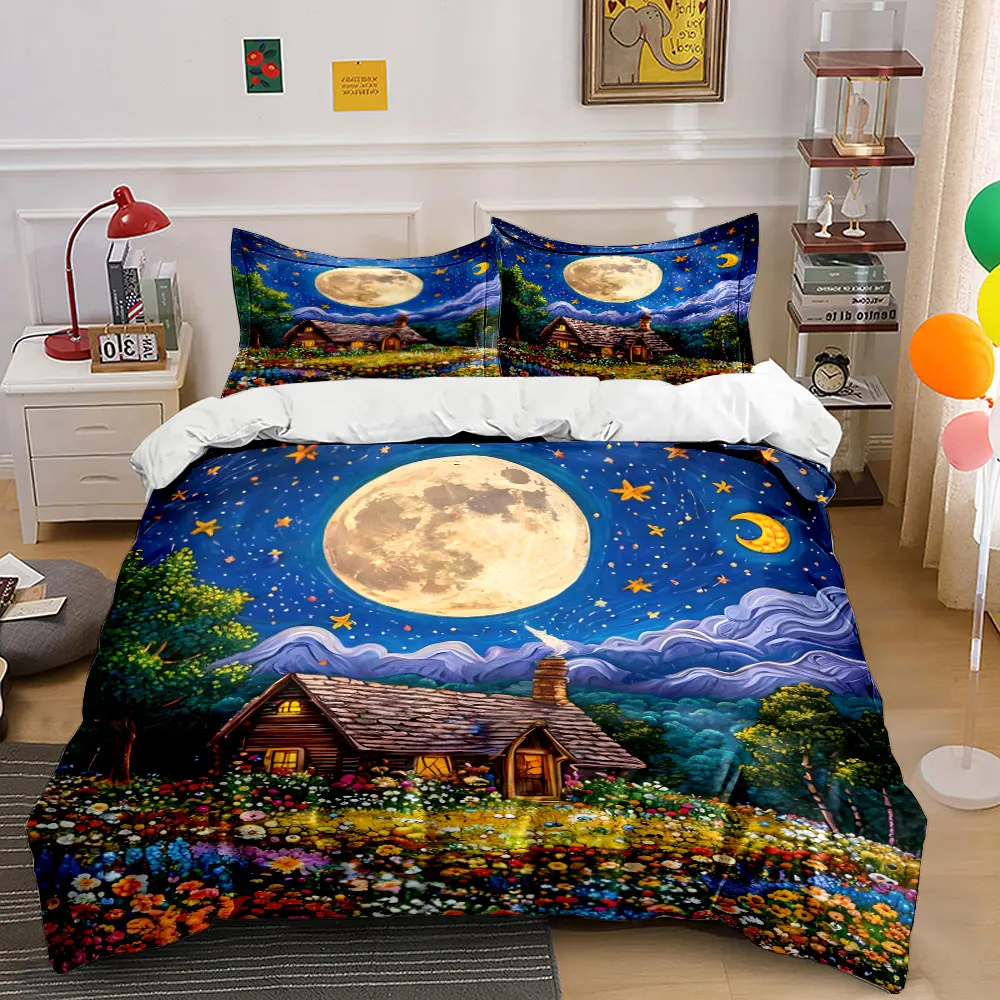 Dreamy Cottage Under Full Moon Bedding Set for Kids Luxury Gift 3pcs Digital Print Comforter Set Soft Comfortable Breathable