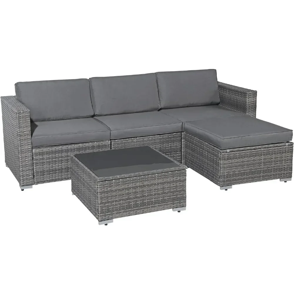 5 Piece Outdoor Patio Furniture Set, Outdoor Sectional Conversation Set, All-Weather Grey PE Wicker W/Cushions