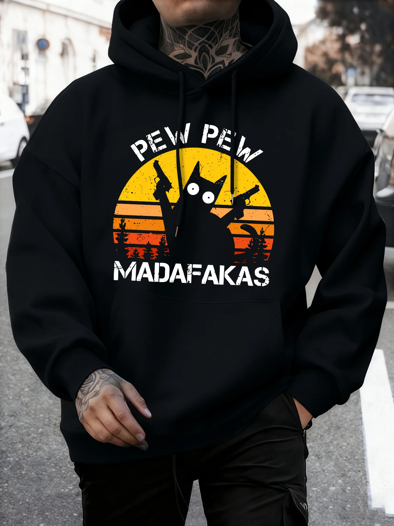 

Толстовка «Котенок держит два пистолета в закате», модный свободный пуловер, теплые флисовые осенние толстовки унисекс с длинными рукавами