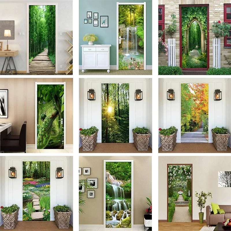 Lush Green Forest 3D Door Sticker Self-Adhesive Realistic Door Mural for Bedroom Cabinets Wardrobe Refrigerator Aesthetics Decor