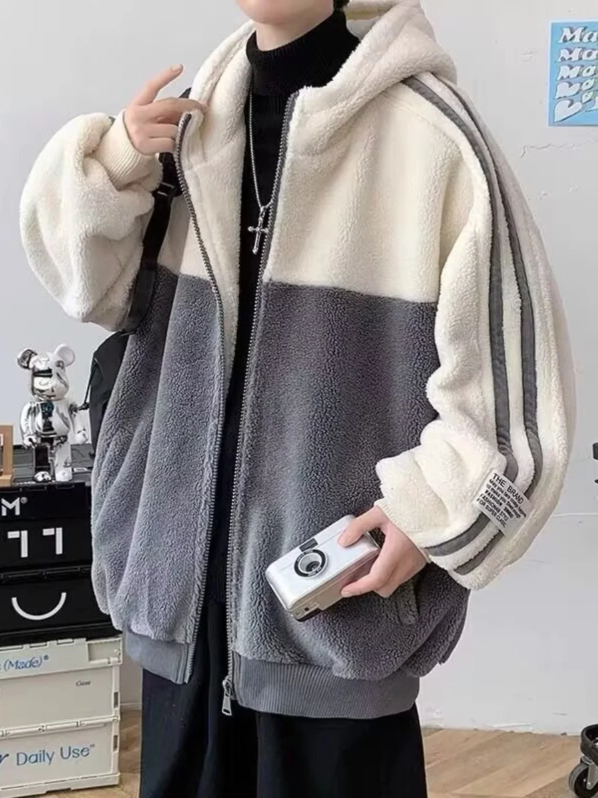 

Lamb Fur Jaet Men's Winter Trendy Loose Thiened Warm Cotton Padded Particle Velvet Versatile Hooded Stand Fit Casual