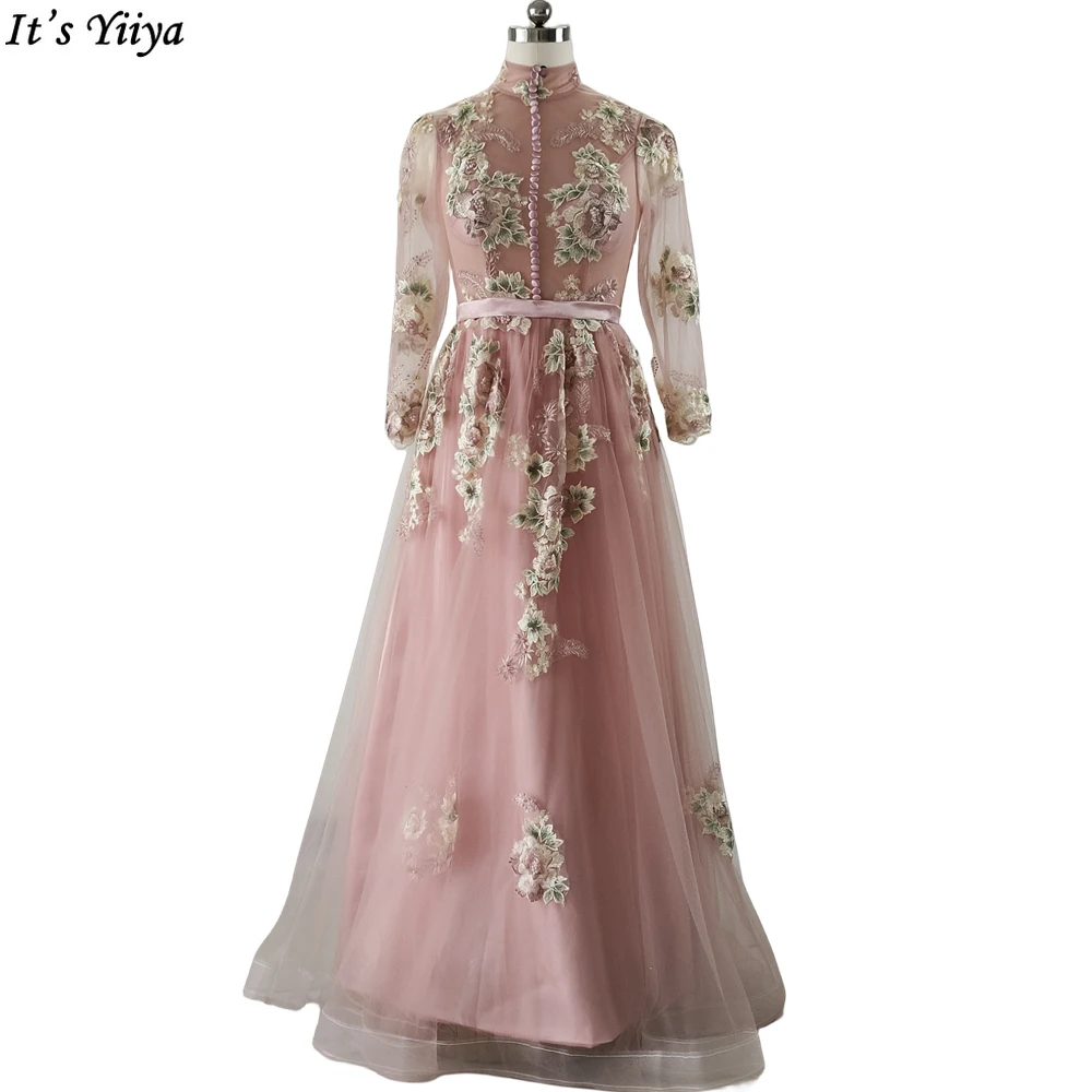 

It's Yiiya Evening Dress Pink Long Sleeves Floral Print Lace Up A-line Floor Length Party Gown Evening Gowns Prom Dresses LX028