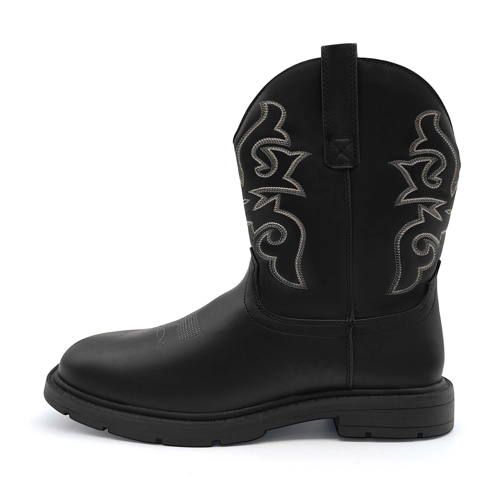 Men's Western Cowboy Boots Pointed Square Toe Mid Calf Embroidered Low Block Heel Slip On PU Country Boots for Men Black Brown