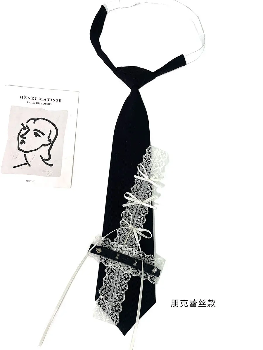 Cute Girl Unique Personality Necktie Creative Rivet Small Tie Handmade Black Punk Lace Necktie