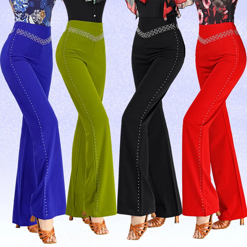 Pantalones estándar de salón de cintura alta para mujer, ropa de baile callejero, vals latino, Color sólido, con diamantes de imitación clásicos, 2024