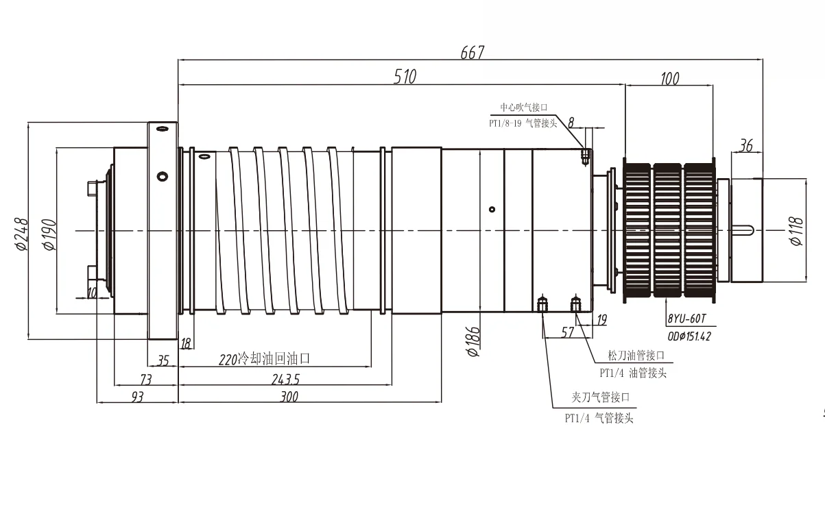 China AIBIG BBT50 milling machine belt-driven spindle hydraulic tool changer at 6000 rpm 190 mm HTC belt spindle