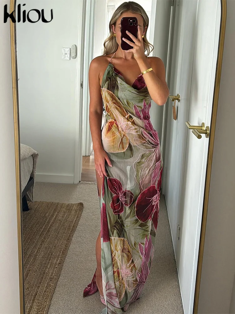 kliou Floral Print Women Dress Vacation Beach Style Suspendency Backless Halter Split Thin Vestidos Female Trend Attractive Wear