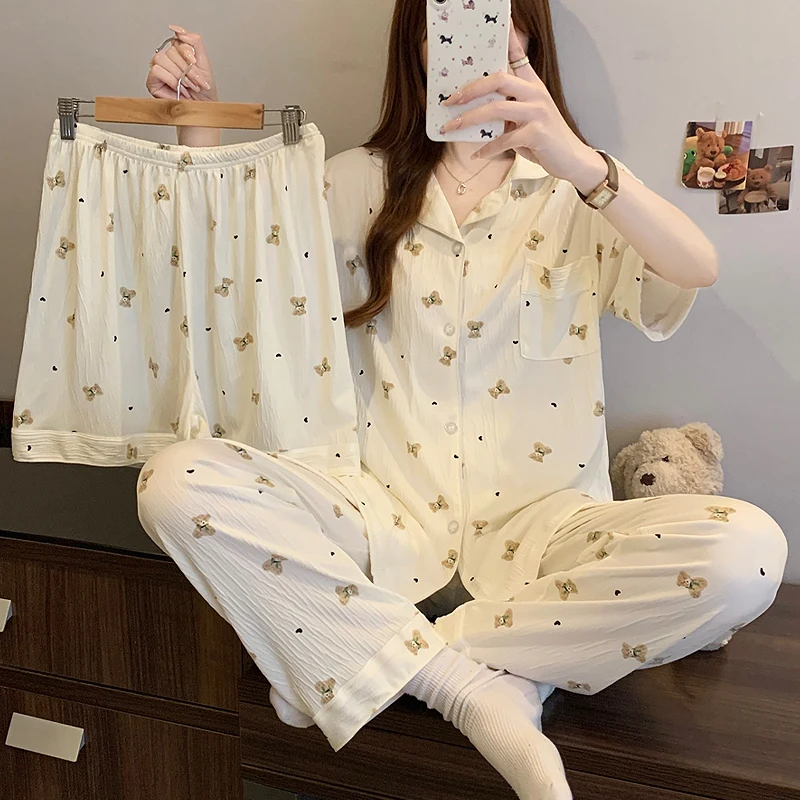 

Bear Print Harajuku Style Kawaii Pajamas for Women Casual Simple Sweet Cute 3 PC Set Pajamas New Lapel Neck Summer Cool Homewear