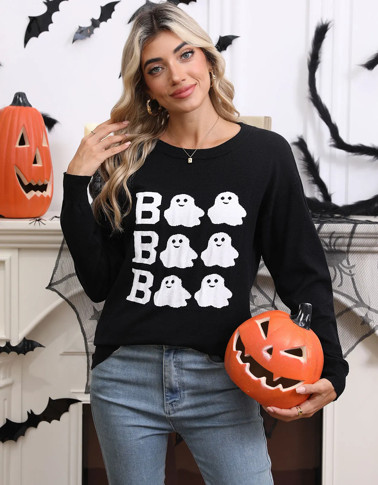

European and American Women's Knitted Sweater Halloween Embroidered Casual O-neck Long Sleeve Top Pullover Jacket Jumper 59907