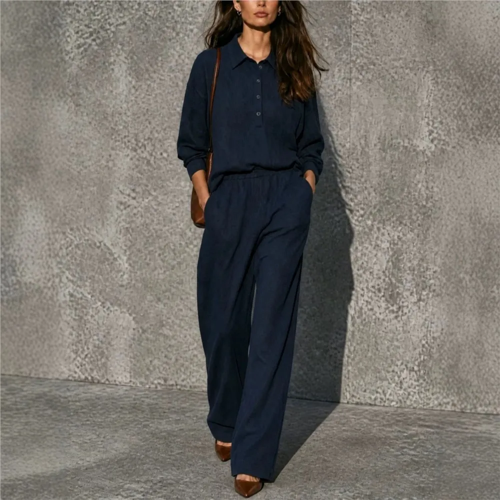 Fall New Women's Long-sleeved Buttondown Blouse Long Pants Set Casual Flannel Loose Fitting Wide-leg Pants Female Office Uniform