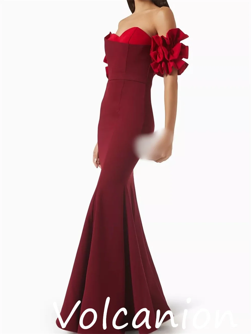 Gaun Panjang Bahu Terbuka Terompet Lipat Jersey Gaya Cina yang Disesuaikan dengan Acara Yang Dipesan Lebih Dahulu