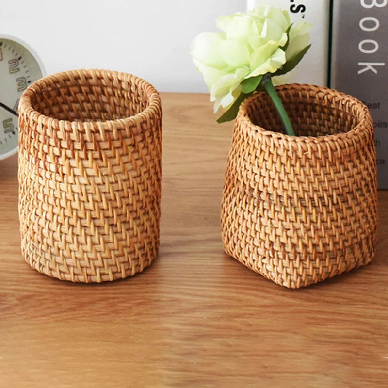 Handmade Pen Holder Woven Wood Vine Rattan Stationery Container Storage Box Organizer Students Gifts Office School Desk Supplies