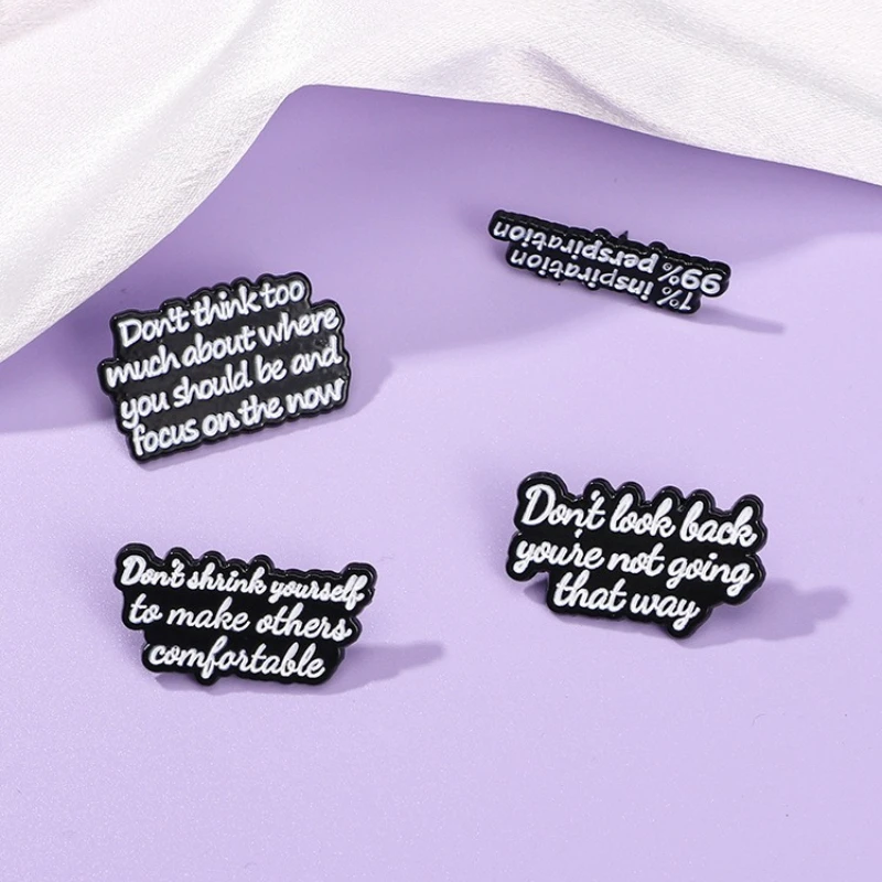 Hot Selling Black White Inspirational Letter Enamel Alloy Brooch Unisex Cartoon Casual Commute Badge Pin DIY Clothing Accessory