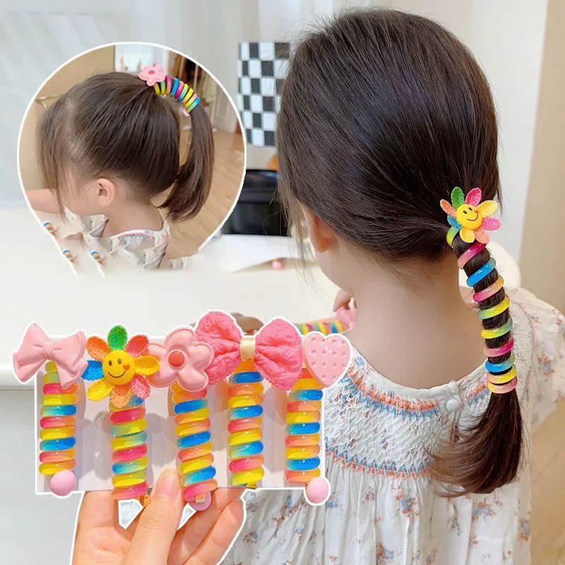 1PC New Lovely Rainbow Color High Elastic Spiral Hair Rope Head Rope Ponytail Hair Ring Rubber Band Headdress For Kids